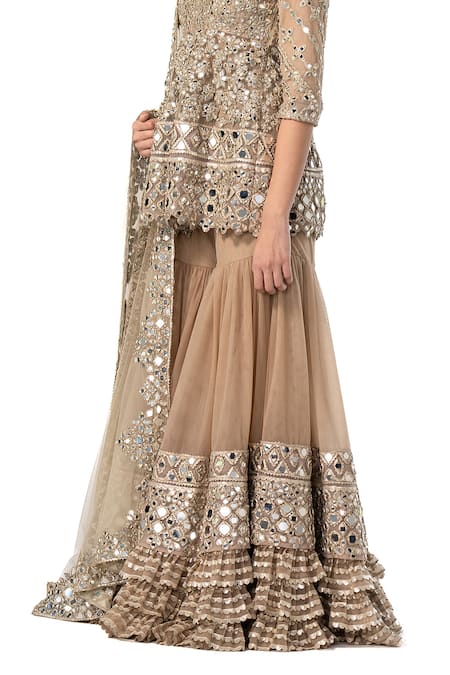 Abhinav Mishra_Grey Net Embroidery, Mirrors Scoop Neck Peplum Kurta Sharara Set _at_Aza_Fashions