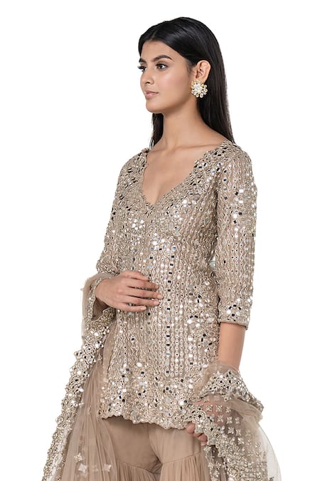 Abhinav Mishra_Beige Net Mirrors Plunge Neck Embellished Short Kurta Sharara Set _Online_at_Aza_Fashions