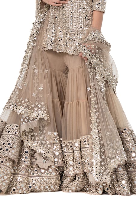Buy_Abhinav Mishra_Beige Net Mirrors Plunge Neck Embellished Short Kurta Sharara Set _Online_at_Aza_Fashions