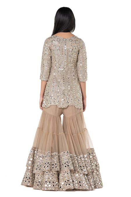Shop_Abhinav Mishra_Beige Net Mirrors Plunge Neck Embellished Short Kurta Sharara Set _at_Aza_Fashions