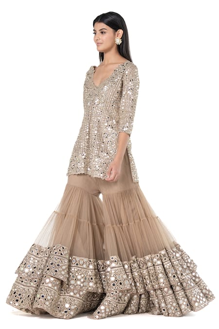Shop_Abhinav Mishra_Beige Net Mirrors Plunge Neck Embellished Short Kurta Sharara Set _Online_at_Aza_Fashions