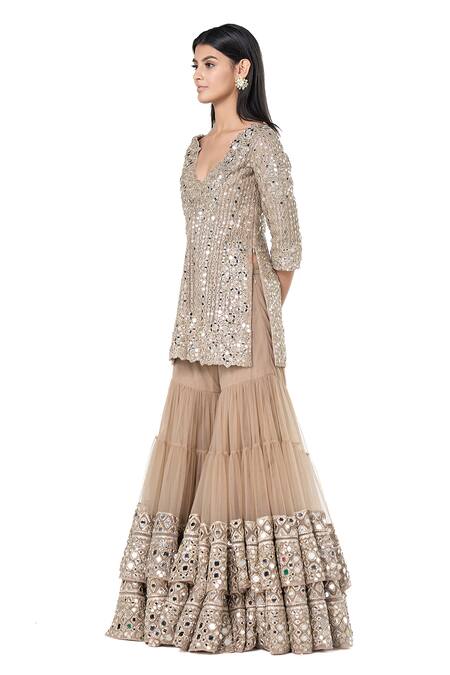 Abhinav Mishra_Beige Net Mirrors Plunge Neck Embellished Short Kurta Sharara Set _at_Aza_Fashions