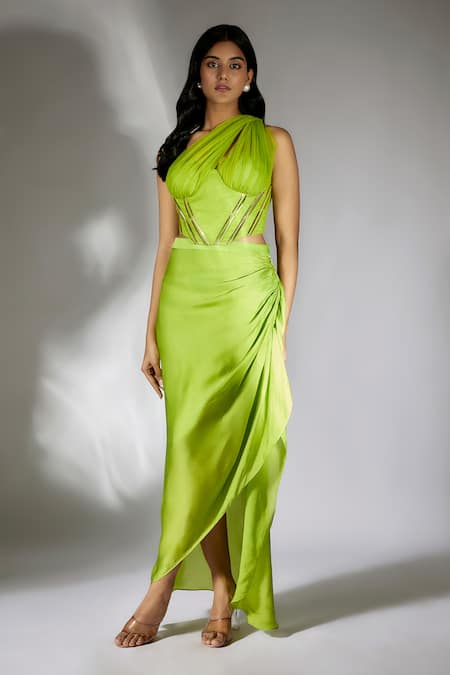 Masumi Mewawalla Green Satin Organza Embroidery Geometric Applique Ruched Top And Draped Skirt 