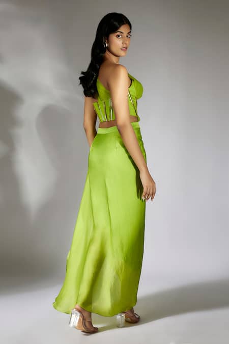 Shop Masumi Mewawalla Green Satin, Organza, Net Applique Ruched Embroidered Top And Draped Skirt at Aza Fashions Shop_Masumi Mewawalla_Green Satin, Organza, Net Applique Ruched Embroidered Top And Draped Skirt _at_Aza_Fashions