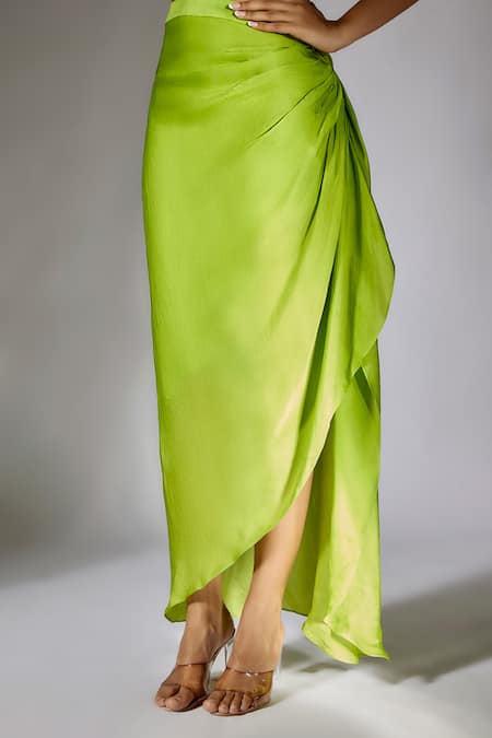 Masumi Mewawalla Green Satin, Organza, Net Applique Ruched Embroidered Top And Draped Skirt Online at Aza Fashions Masumi Mewawalla_Green Satin, Organza, Net Applique Ruched Embroidered Top And Draped Skirt _Online_at_Aza_Fashions