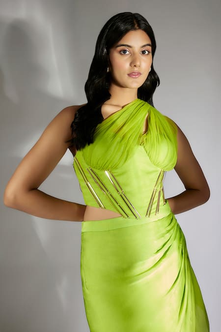 Buy Masumi Mewawalla Green Satin, Organza, Net Applique Ruched Embroidered Top And Draped Skirt Online at Aza Fashions Buy_Masumi Mewawalla_Green Satin, Organza, Net Applique Ruched Embroidered Top And Draped Skirt _Online_at_Aza_Fashions