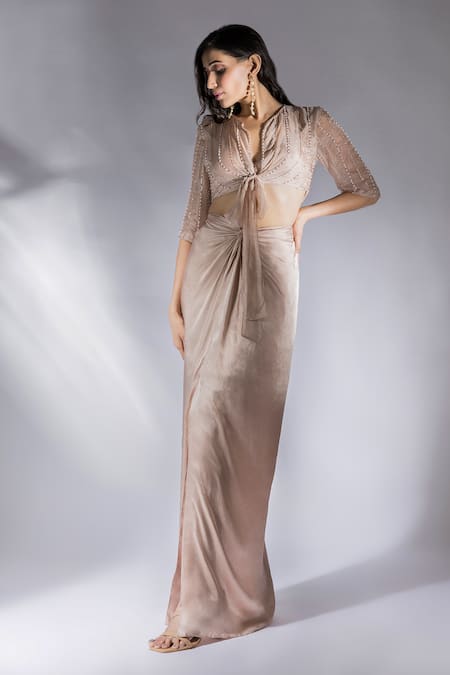 Shop_Masumi Mewawalla_Brown Silk Cut Work Split V-neck Embroidered Top And Draped Skirt Set _at_Aza_Fashions