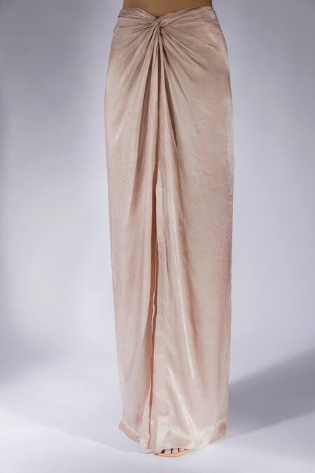 Masumi Mewawalla_Brown Silk Cut Work Split V-neck Embroidered Top And Draped Skirt Set _Online_at_Aza_Fashions