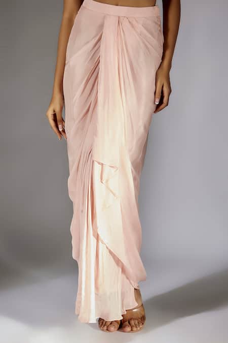 Masumi Mewawalla_Peach Net, Silk Embroidery, Applique Split Ruffle Bordered Cape Draped Skirt Set _Online_at_Aza_Fashions