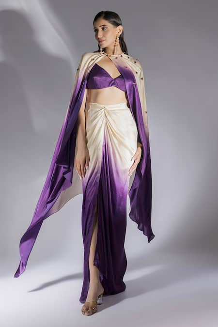 Masumi Mewawalla Purple Gajji Embroidery Geometric Applique Cape Open Ombre Draped Skirt Set 