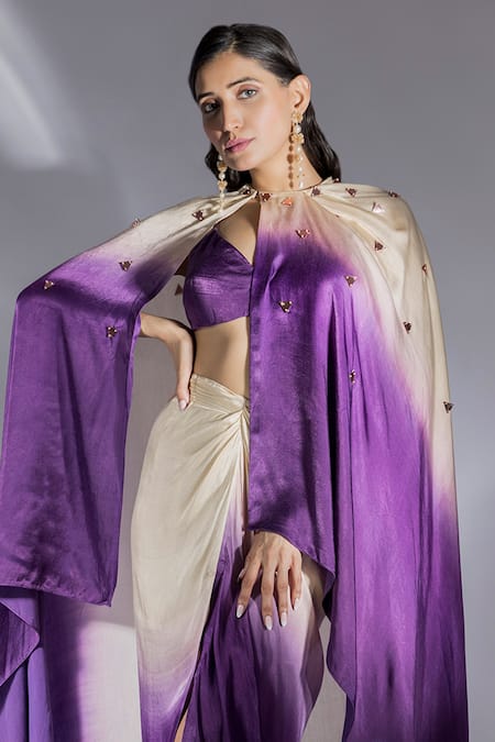 Buy Masumi Mewawalla Purple Satin Embroidery, Applique V-neck Ombre Cape Draped Skirt Set Online at Aza Fashions Buy_Masumi Mewawalla_Purple Satin Embroidery, Applique V-neck Ombre Cape Draped Skirt Set _Online_at_Aza_Fashions