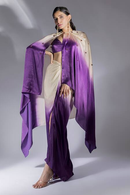 Shop_Masumi Mewawalla_Purple Satin Embroidery, Applique V-neck Ombre Cape Draped Skirt Set _Online_at_Aza_Fashions