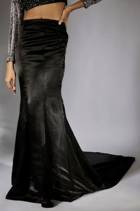 Masumi Mewawalla Black Net, Silk, Maheshwari, Cotton Sequins Embroidered Crop Top And Skirt Set Online at Aza Fashions Masumi Mewawalla_Black Net, Silk, Maheshwari, Cotton Sequins Embroidered Crop Top And Skirt Set _Online_at_Aza_Fashions