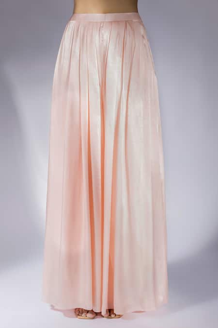 Masumi Mewawalla_Peach Sequins, Embroidery Square Neck Applique Corset And Flared Pant Set _Online_at_Aza_Fashions