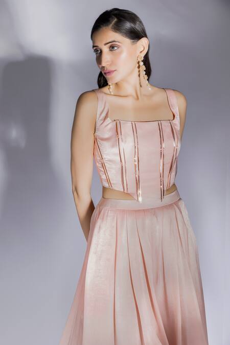 Buy_Masumi Mewawalla_Peach Sequins, Embroidery Square Neck Applique Corset And Flared Pant Set _Online_at_Aza_Fashions