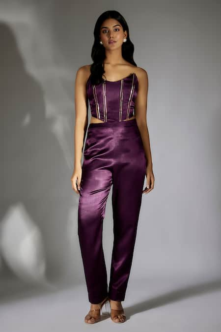 Masumi Mewawalla Purple Mashru Embroidery Geometric Applique Scoop Neck Corset And Pant Set 