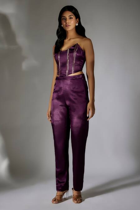 Masumi Mewawalla_Purple Satin, Silk Embroidery Scoop Neck Geometric Applique Corset And Pant Set _Online_at_Aza_Fashions