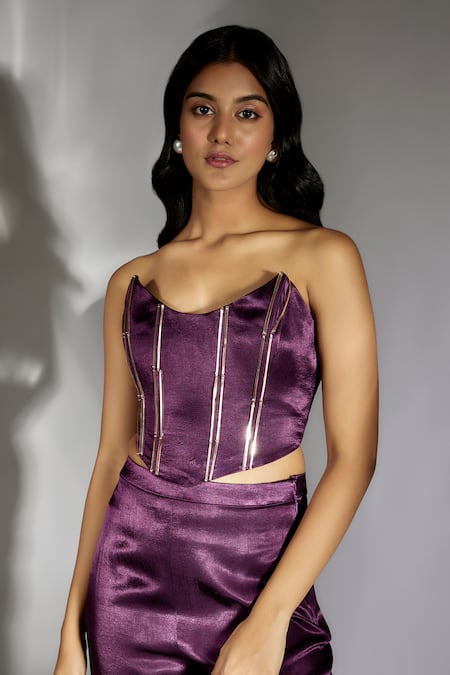 Buy_Masumi Mewawalla_Purple Satin, Silk Embroidery Scoop Neck Geometric Applique Corset And Pant Set _Online_at_Aza_Fashions