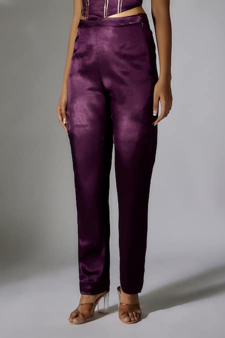 Shop_Masumi Mewawalla_Purple Satin, Silk Embroidery Scoop Neck Geometric Applique Corset And Pant Set _Online_at_Aza_Fashions