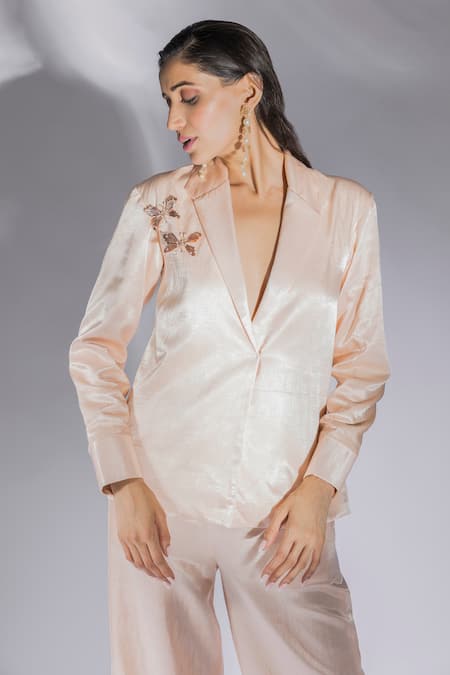 Buy_Masumi Mewawalla_Peach Maheshwari, Silk Sequins, Cut Work Placement Embroidered Blazer And Pant Set _Online_at_Aza_Fashions
