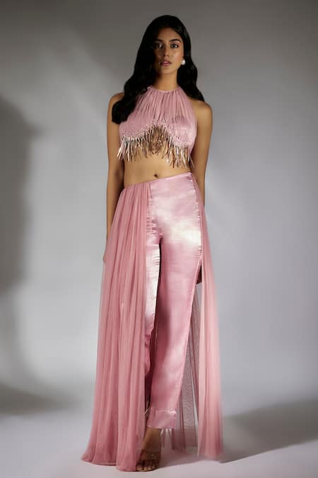 Masumi Mewawalla Pink Mashru Embellished Tassel Halter Neck Top And Pant Set 