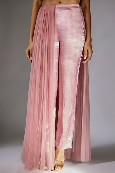 Masumi Mewawalla_Pink Net Tassels Halter Neck Embellished Top And Pant Set _Online_at_Aza_Fashions