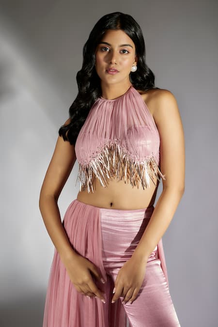 Shop_Masumi Mewawalla_Pink Net Tassels Halter Neck Embellished Top And Pant Set _Online_at_Aza_Fashions