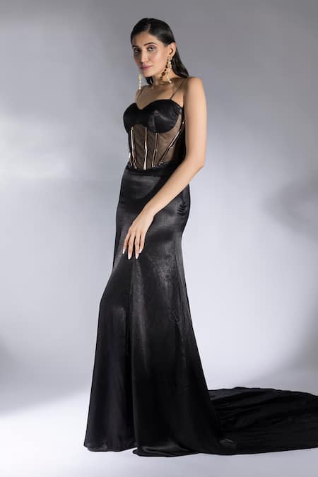 Masumi Mewawalla_Black Satin Metallic Thread Sweetheart Neck Embroidered Corset Gown _Online_at_Aza_Fashions