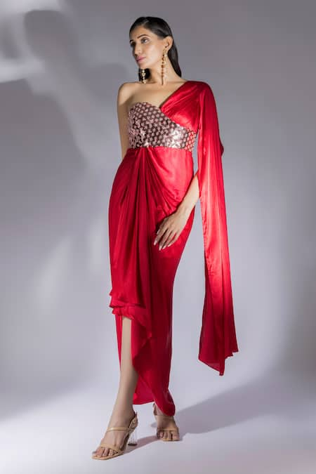 Masumi Mewawalla Geometric Applique Embroidered Draped Dress 