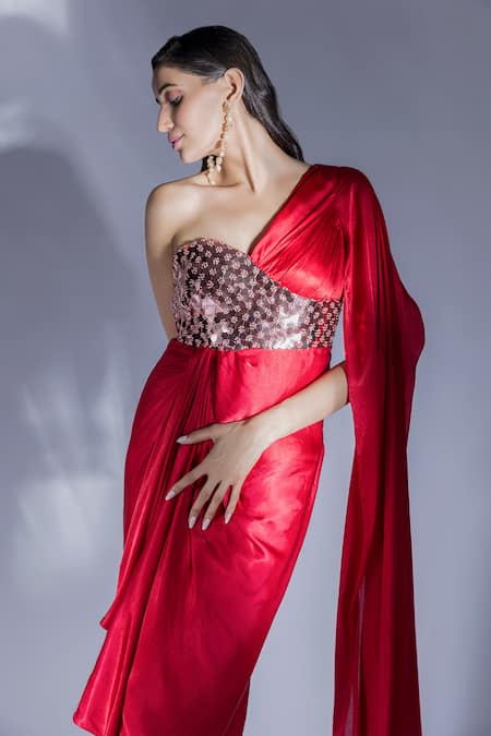 Masumi Mewawalla_Red Sequins Sweetheart Neck Geometric Applique Embroidered Draped Dress _Online_at_Aza_Fashions