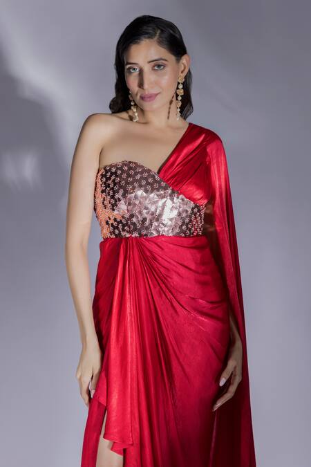 Buy_Masumi Mewawalla_Red Sequins Sweetheart Neck Geometric Applique Embroidered Draped Dress _Online_at_Aza_Fashions