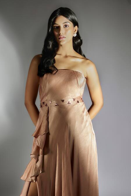 Masumi Mewawalla_Pink Embroidery Waistband Draped Dress _Online_at_Aza_Fashions