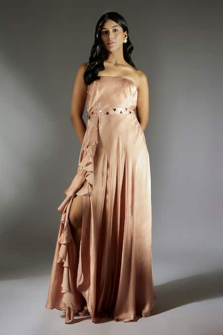 Buy_Masumi Mewawalla_Pink Embroidery Waistband Draped Dress _Online_at_Aza_Fashions