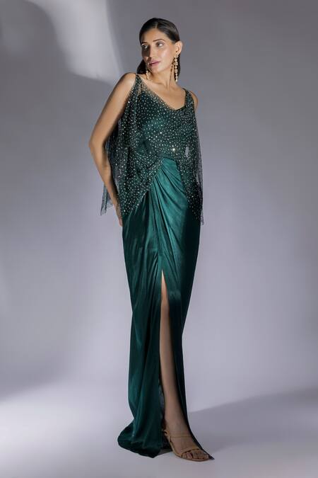 Masumi Mewawalla_Green Net, Gingham Sequins, Embroidery Cowl Neck Draped Dress _Online_at_Aza_Fashions
