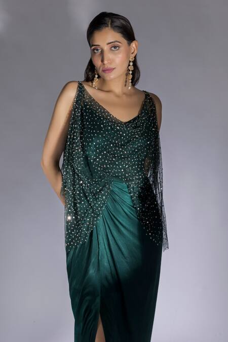 Buy_Masumi Mewawalla_Green Net, Gingham Sequins, Embroidery Cowl Neck Draped Dress _Online_at_Aza_Fashions