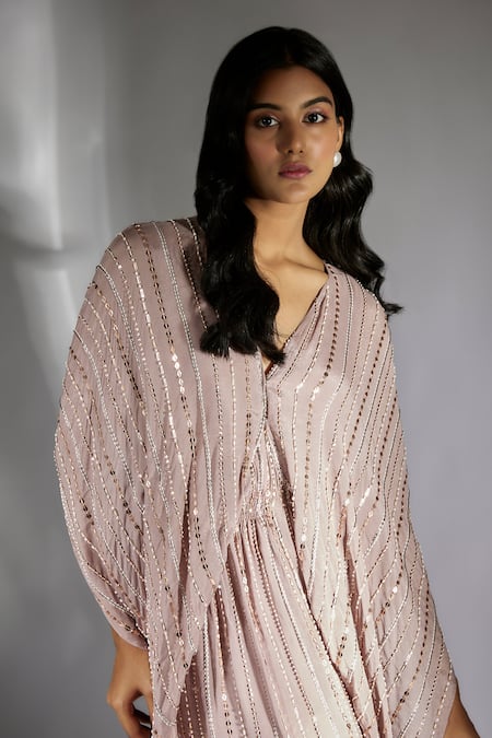 Masumi Mewawalla_Purple Crepe Sequins, Beads, Cut Work Plunge Neck Embroidered Draped Dress _Online_at_Aza_Fashions