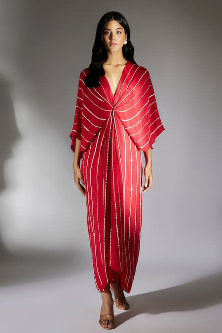 Masumi Mewawalla Stripe Embroidered Draped Dress 