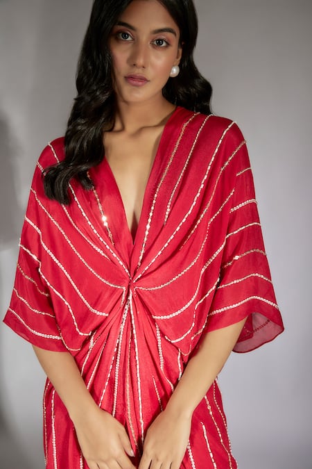 Masumi Mewawalla_Red Crepe Cut Work Plunge Neck Stripe Embroidered Draped Dress _Online_at_Aza_Fashions
