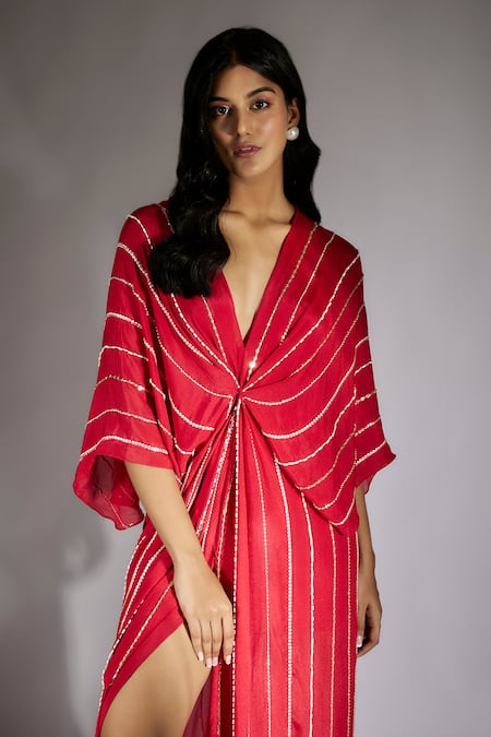 Buy_Masumi Mewawalla_Red Crepe Cut Work Plunge Neck Stripe Embroidered Draped Dress _Online_at_Aza_Fashions