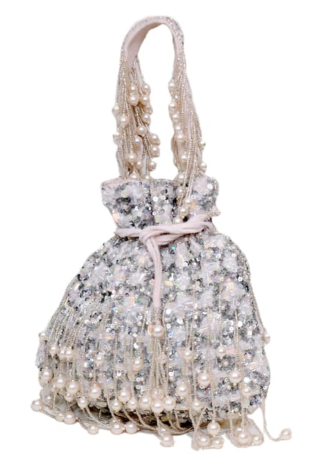 Buy_Eena_Silver Beads, Crystals, Sequins Cutdana Floral Embellished Potli _Online_at_Aza_Fashions