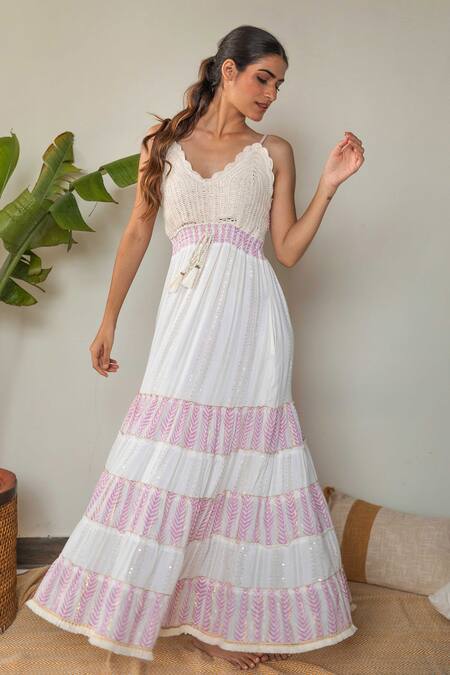 Label Reyya_White Rayon Tassels Scoop Neck Crochet Embroidered Dress _Online_at_Aza_Fashions