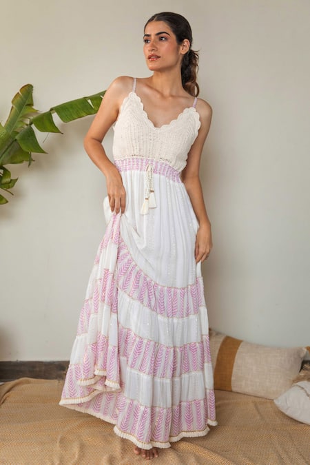 Shop_Label Reyya_White Rayon Tassels Scoop Neck Crochet Embroidered Dress _at_Aza_Fashions