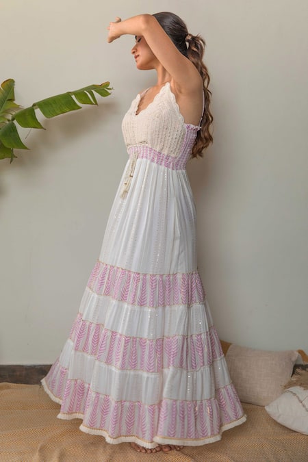 Buy_Label Reyya_White Rayon Tassels Scoop Neck Crochet Embroidered Dress _Online_at_Aza_Fashions