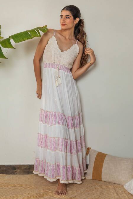 Shop_Label Reyya_White Rayon Tassels Scoop Neck Crochet Embroidered Dress _Online_at_Aza_Fashions