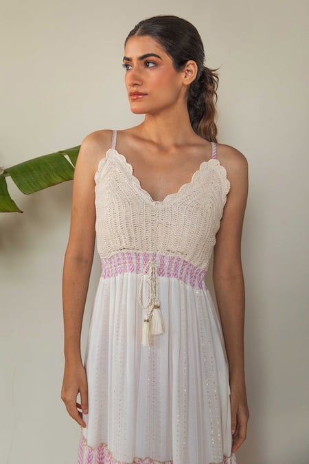 Buy_Label Reyya_White Rayon Tassels Scoop Neck Crochet Embroidered Dress 