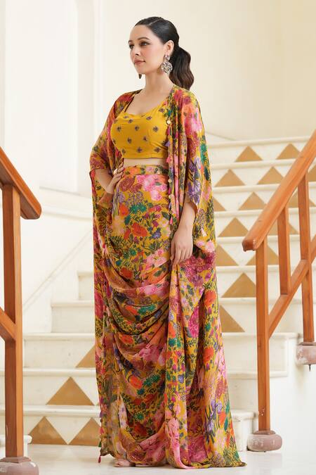 Bairaas_Yellow Muslin, Crepe Embroidery Scoop Neck, Open Floral Print Draped Skirt Set _Online_at_Aza_Fashions
