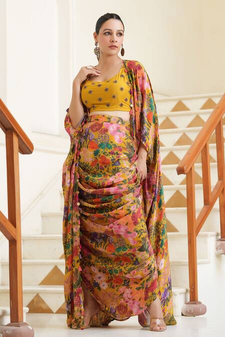 Buy_Bairaas_Yellow Muslin, Crepe Embroidery Scoop Neck, Open Floral Print Draped Skirt Set _Online_at_Aza_Fashions