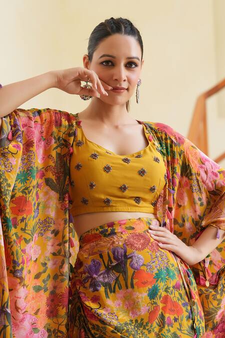 Shop_Bairaas_Yellow Muslin, Crepe Embroidery Scoop Neck, Open Floral Print Draped Skirt Set _Online_at_Aza_Fashions