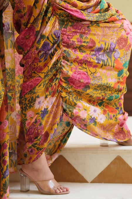 Bairaas_Yellow Muslin, Crepe Embroidery Scoop Neck, Open Floral Print Draped Skirt Set _at_Aza_Fashions