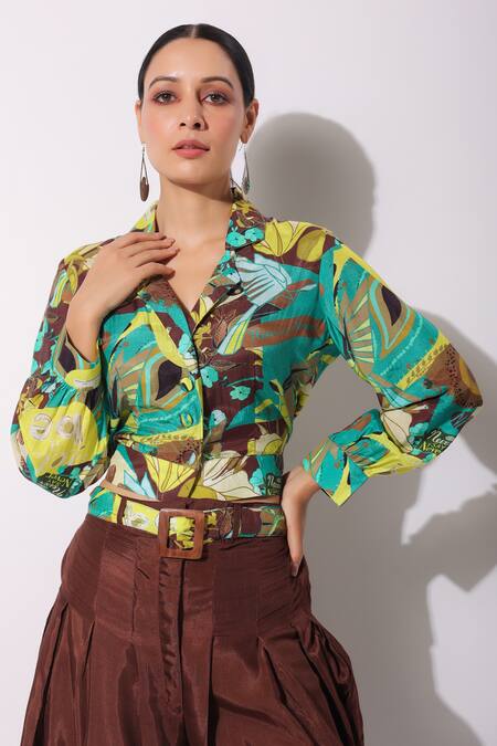 Shop_Bairaas_Green Top Muslin Printed Leaf Notched Collar Abstract And Draped Pant Set_Online_at_Aza_Fashions